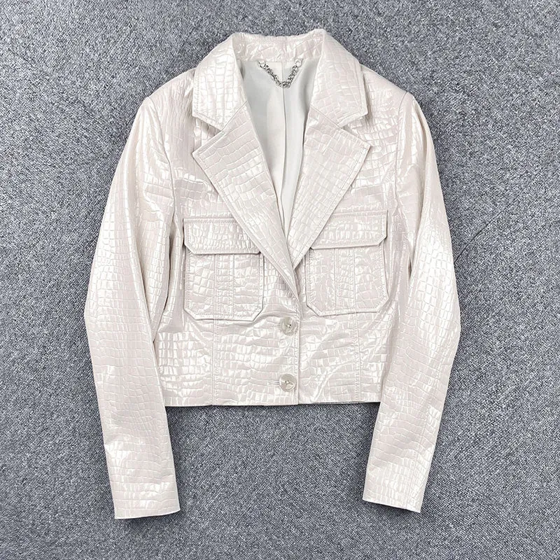 2022 New Spring Real Leather Jackets Women Crocodile Pattern Sheepskin Leather Coats Lady Clothes TF4779