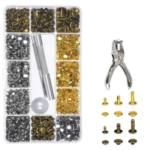360Pcs Leather Craft Metal Double Cap Rivets Studs Fixing Tool Kit Hole Puncher