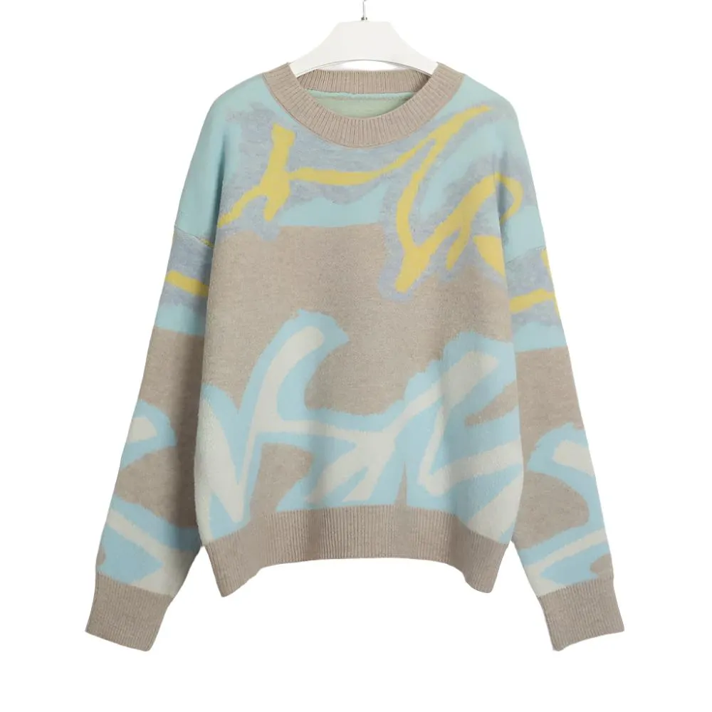 Abstract Print Crew Neck Long Sleeve Sweater