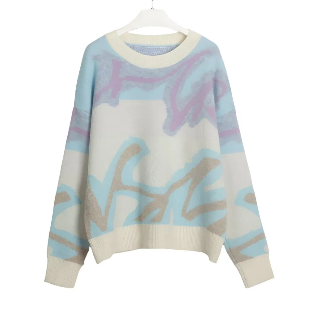 Abstract Print Crew Neck Long Sleeve Sweater