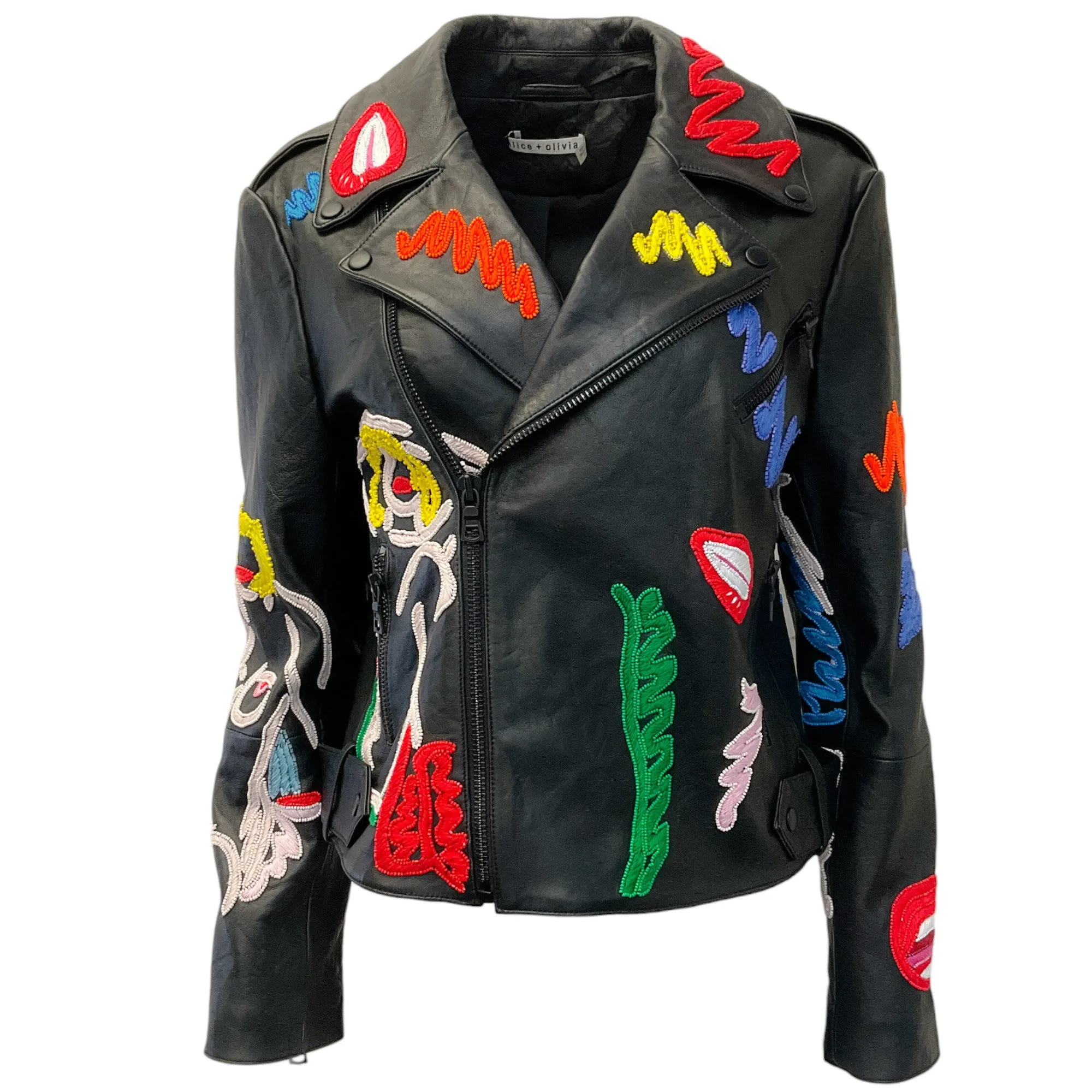 Alice   Olivia x Tom Wasselmann Black Leather Natural Beauty Moto Jacket