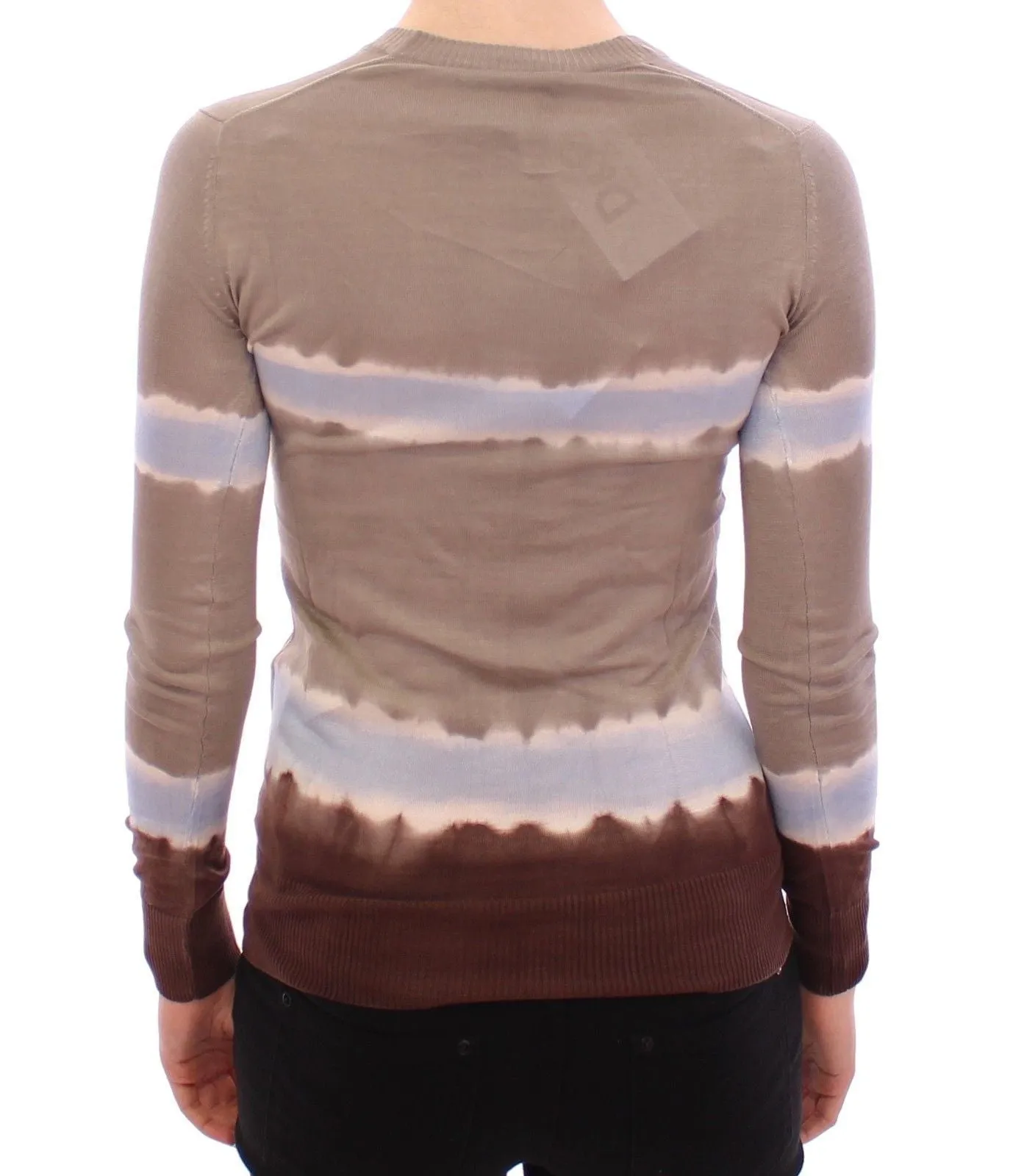 Beige Striped Silk Sweater Cardigan Pullover Top