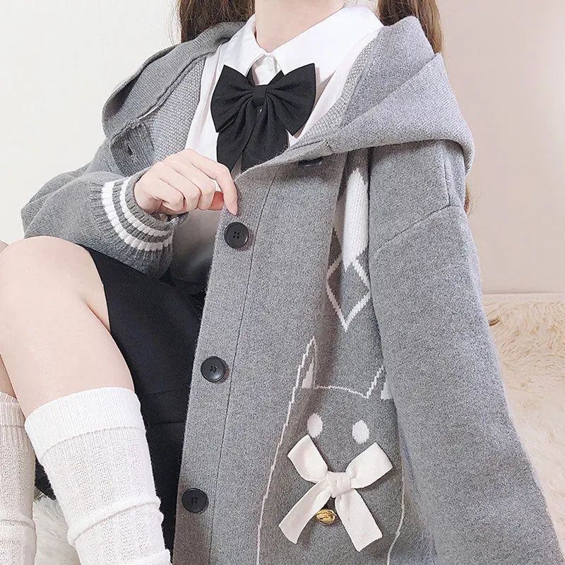 Bell Cat Bowknot Cardigan Diamond Hooded JK Sweater UB3480