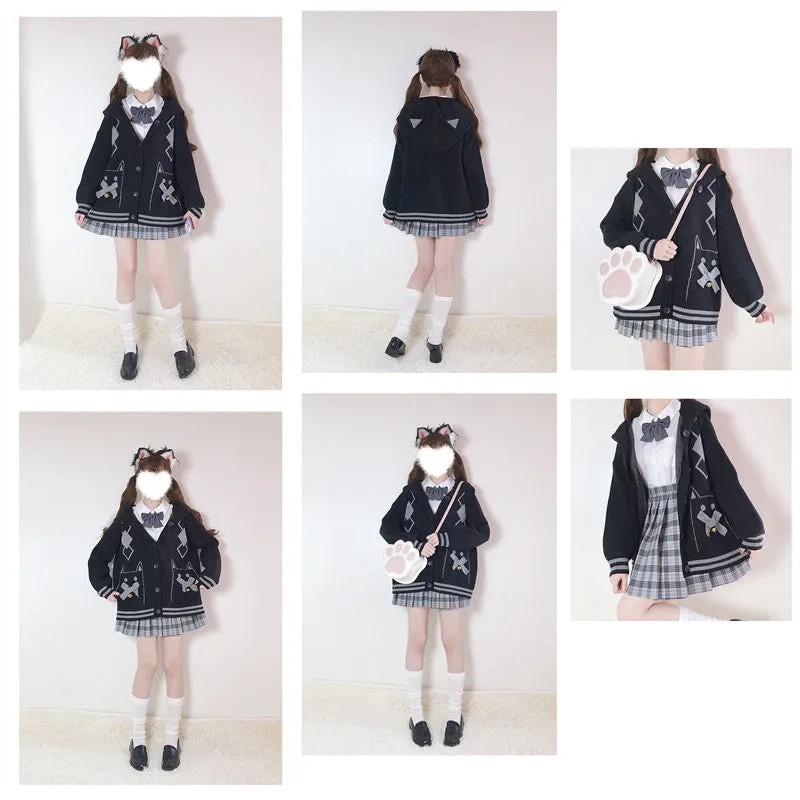 Bell Cat Bowknot Cardigan Diamond Hooded JK Sweater UB3480