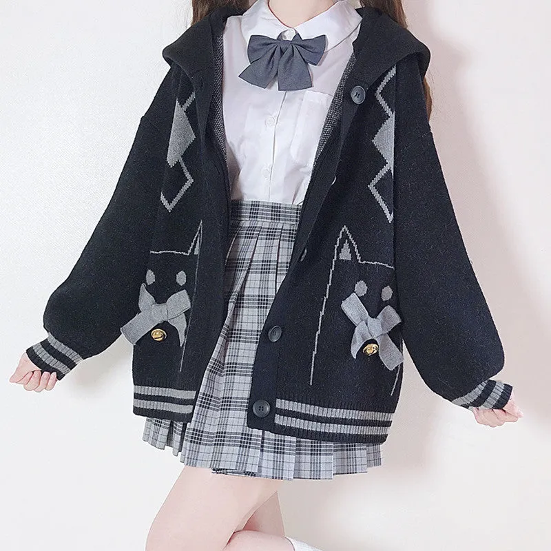 Bell Cat Bowknot Cardigan Diamond Hooded JK Sweater UB3480