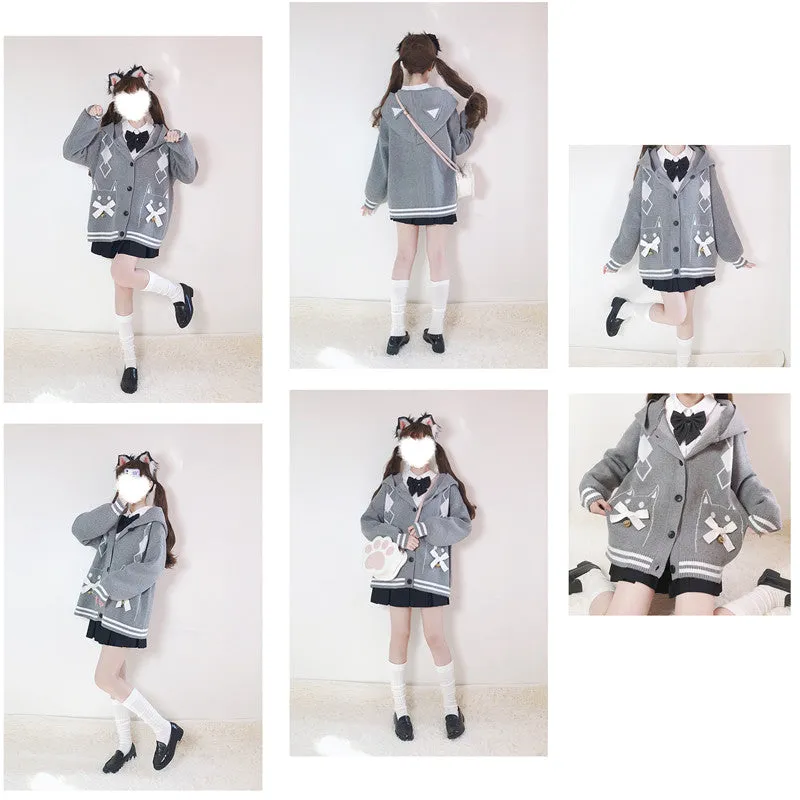 Bell Cat Bowknot Cardigan Diamond Hooded JK Sweater UB3480