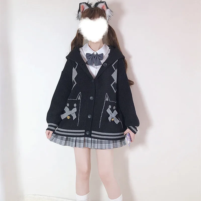 Bell Cat Bowknot Cardigan Diamond Hooded JK Sweater UB3480