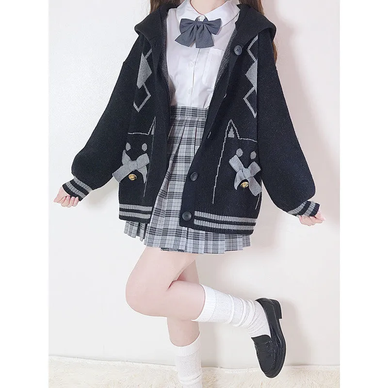 Bell Cat Bowknot Cardigan Diamond Hooded JK Sweater UB3480