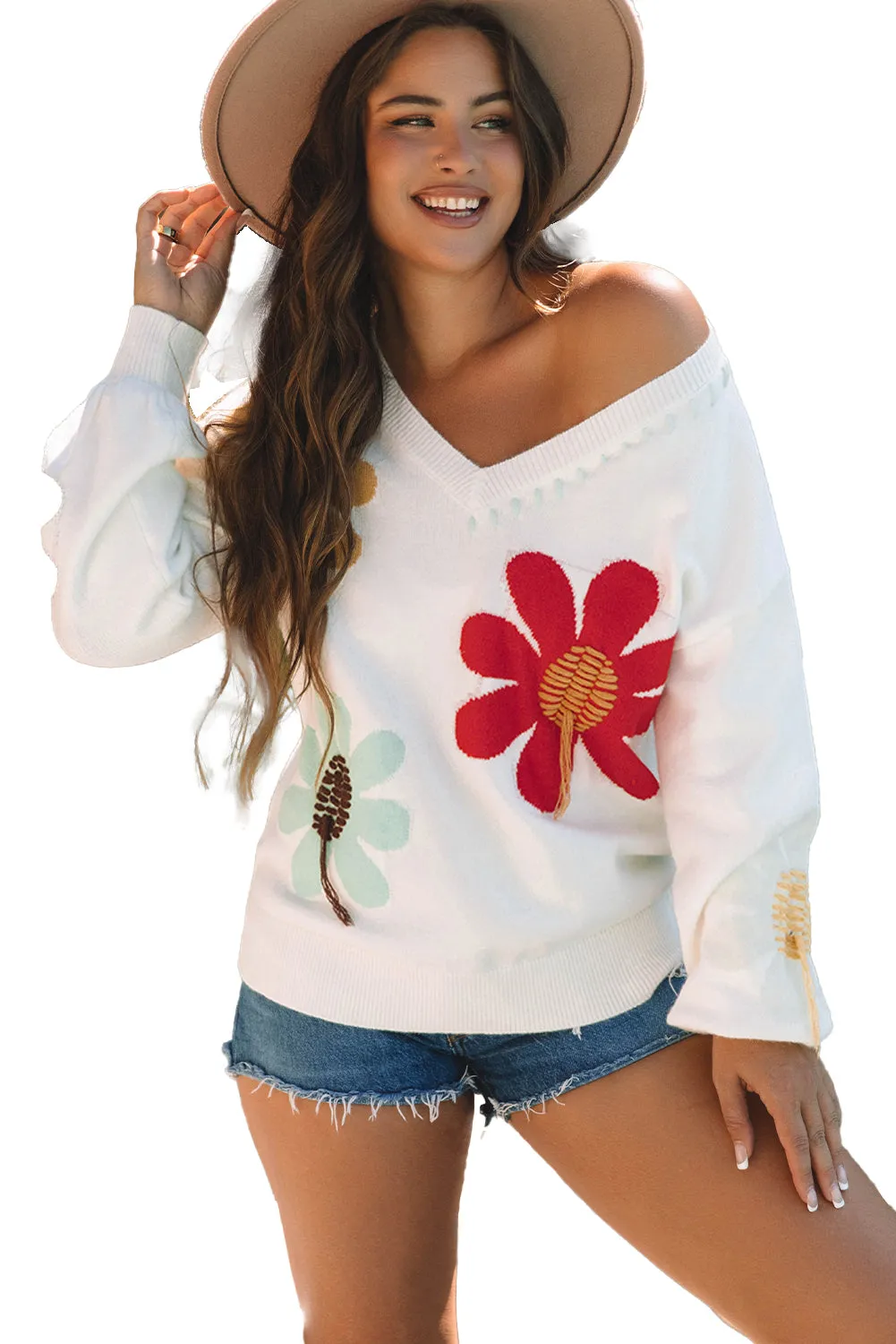 Big Flower Pattern V Neck Sweater