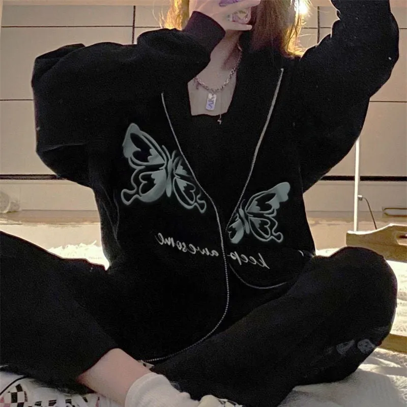 BLACK BUTTERFLY PRINT HOODED CARDIGAN UB2786