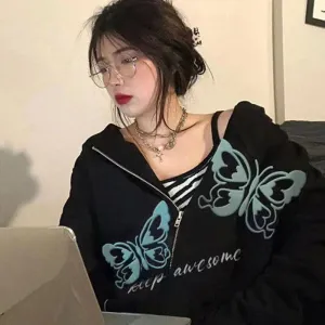 BLACK BUTTERFLY PRINT HOODED CARDIGAN UB2786