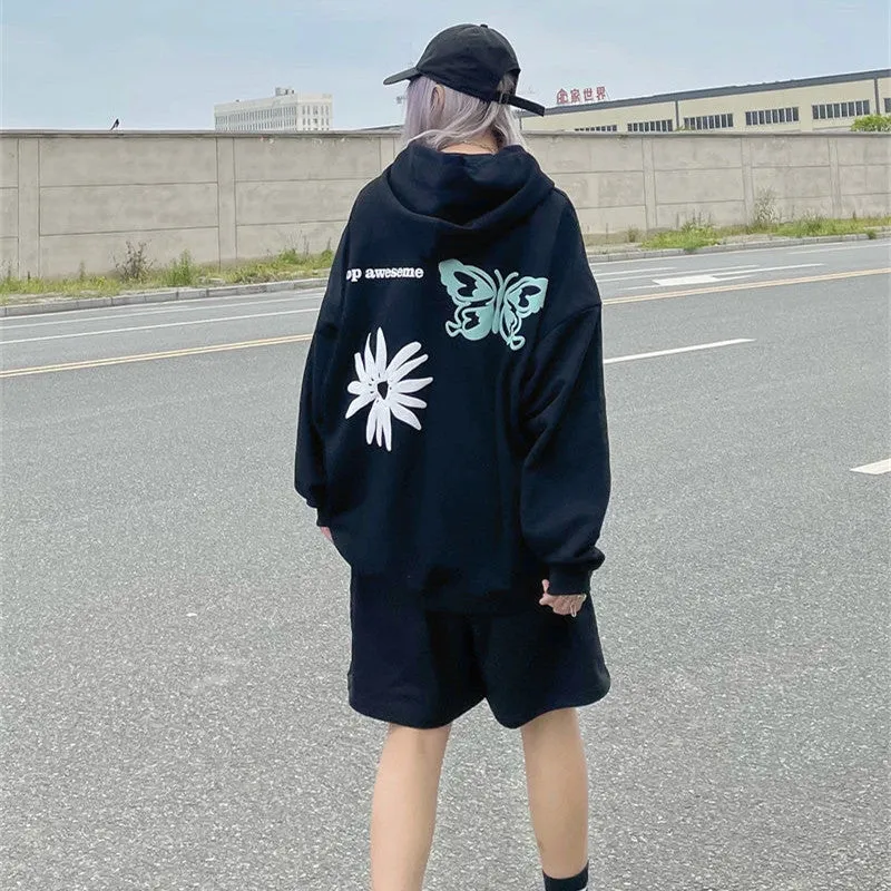 BLACK BUTTERFLY PRINT HOODED CARDIGAN UB2786