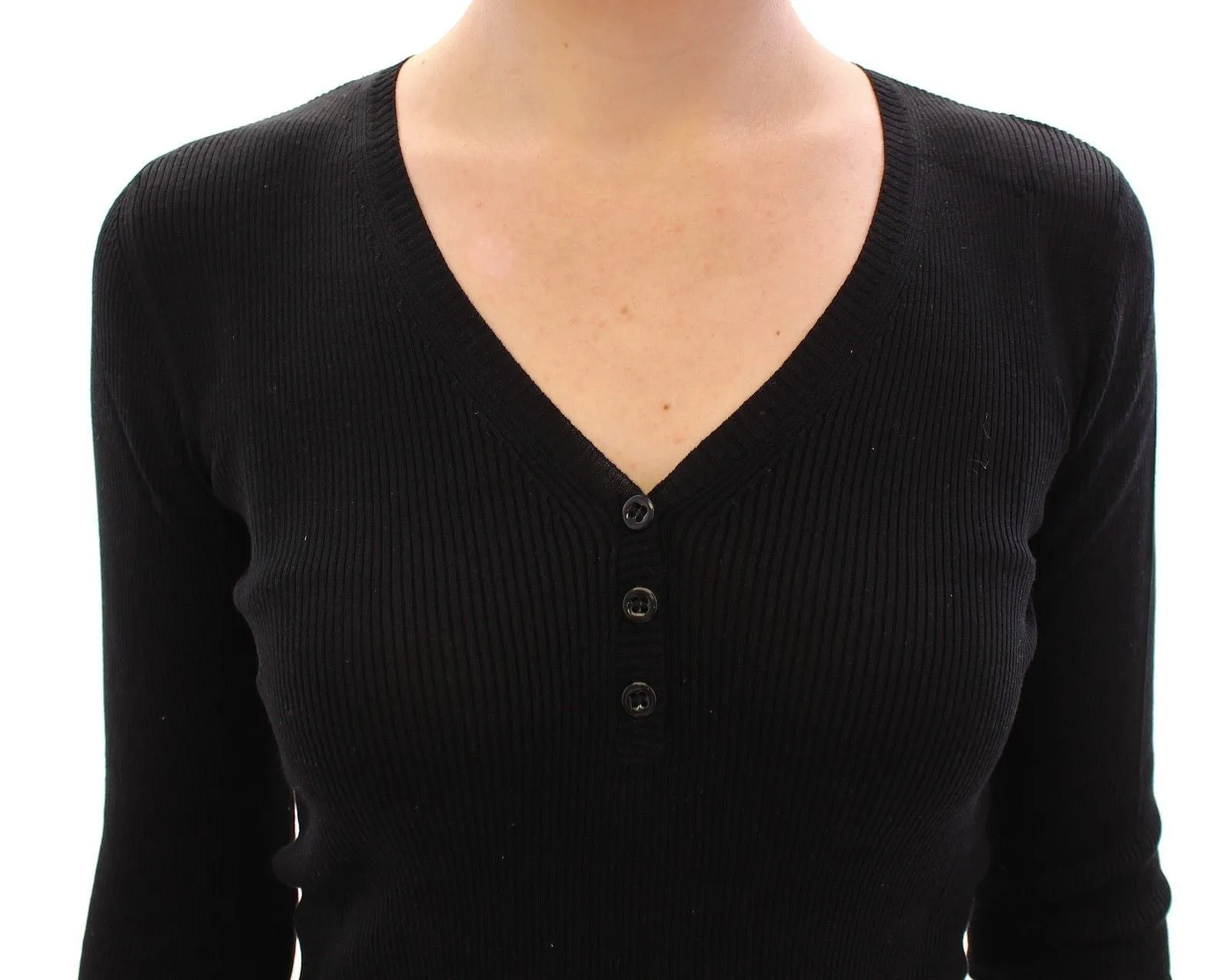 Black Ribbed V-neck Button Silk Sweater Pullover