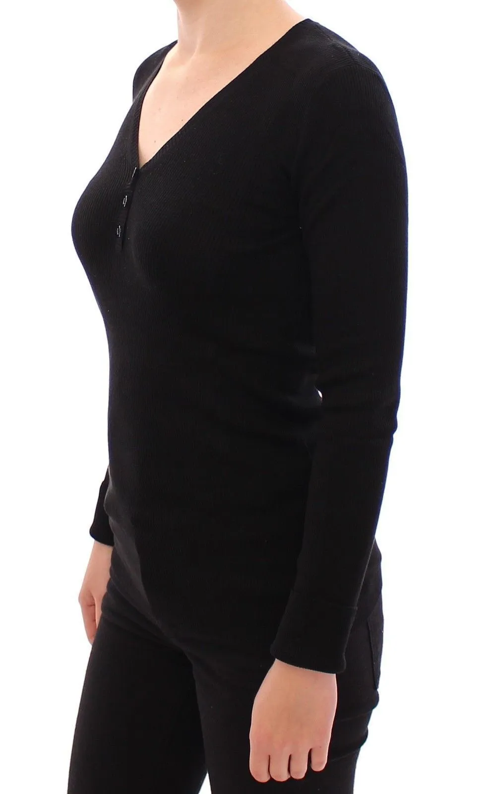 Black Ribbed V-neck Button Silk Sweater Pullover