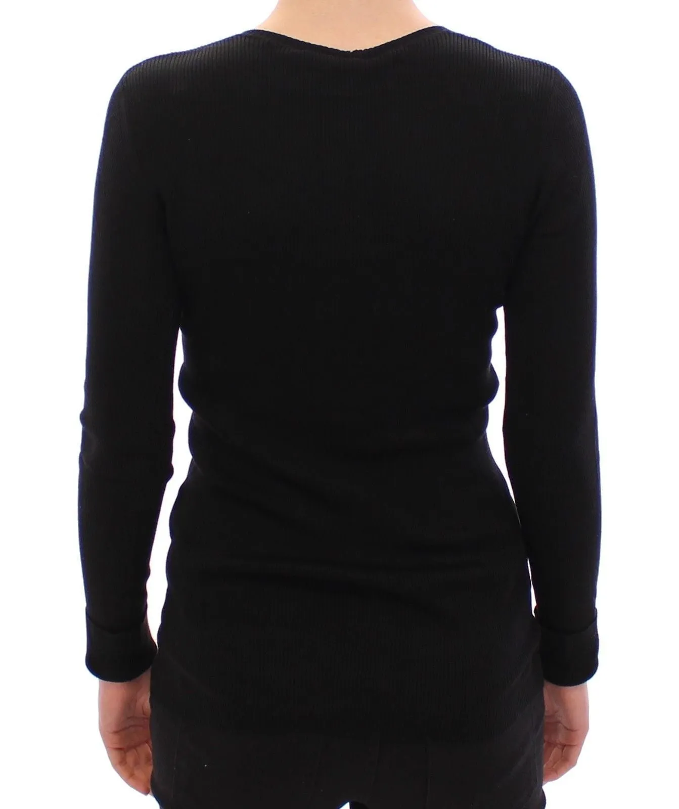 Black Ribbed V-neck Button Silk Sweater Pullover