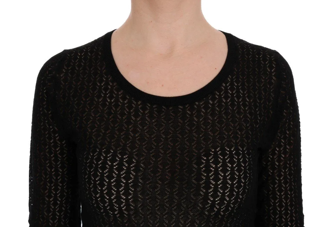 Black Silk Crewneck Pullover Sweater