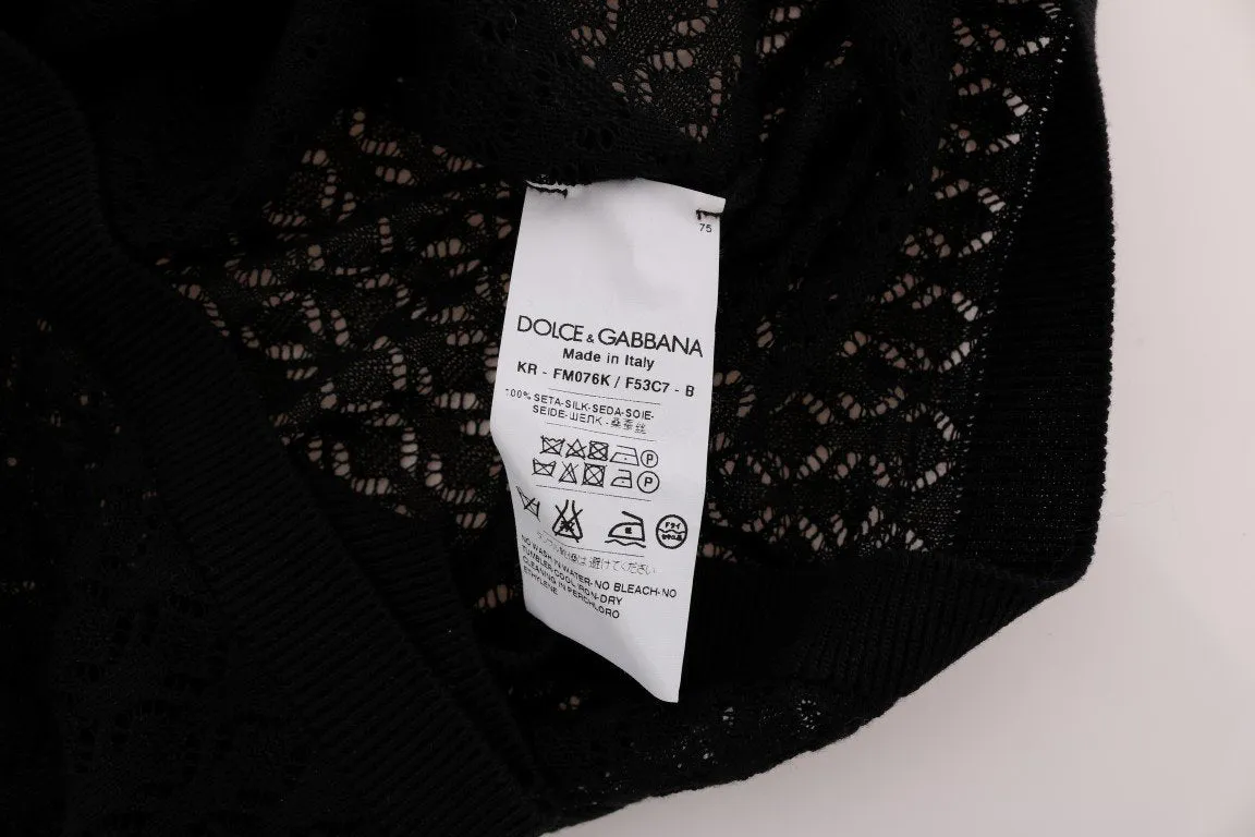 Black Silk Crewneck Pullover Sweater