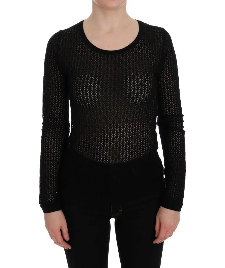 Black Silk Crewneck Pullover Sweater