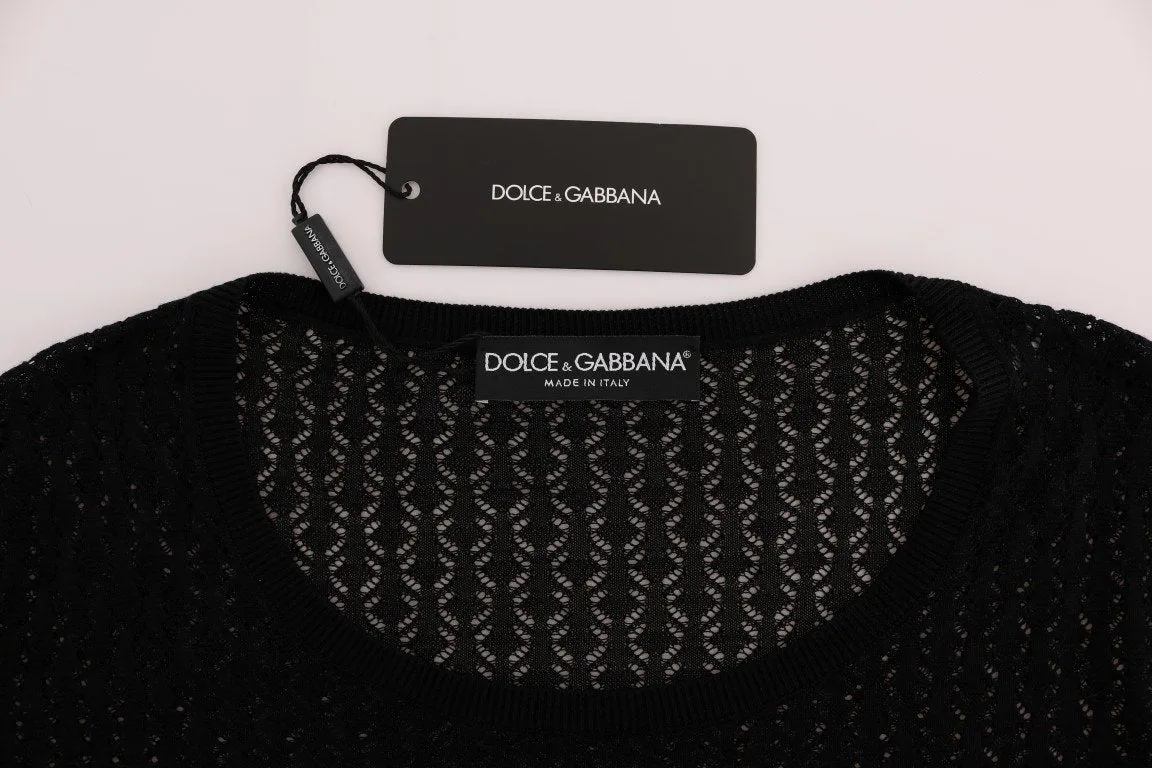 Black Silk Crewneck Pullover Sweater