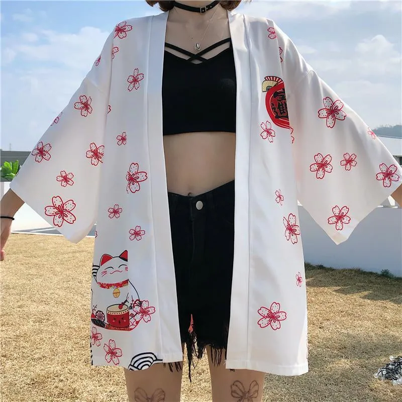 BLACK WHITE SAKURA FORTUNE CAT CARDIGAN UB2639