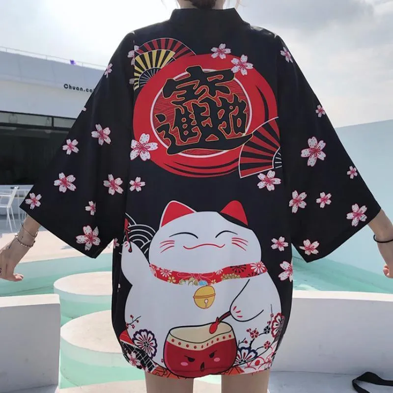BLACK WHITE SAKURA FORTUNE CAT CARDIGAN UB2639