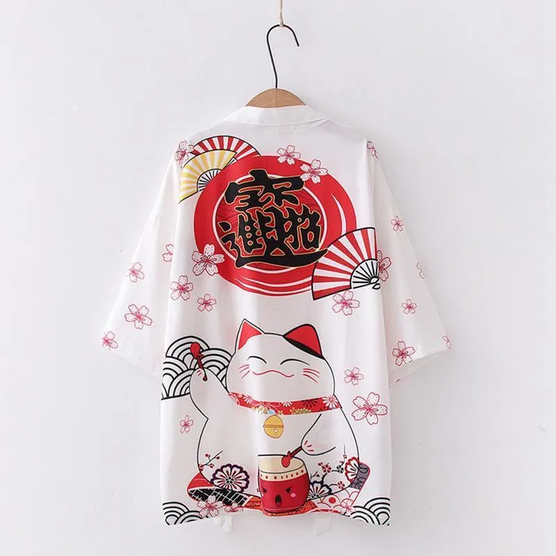 BLACK WHITE SAKURA FORTUNE CAT CARDIGAN UB2639