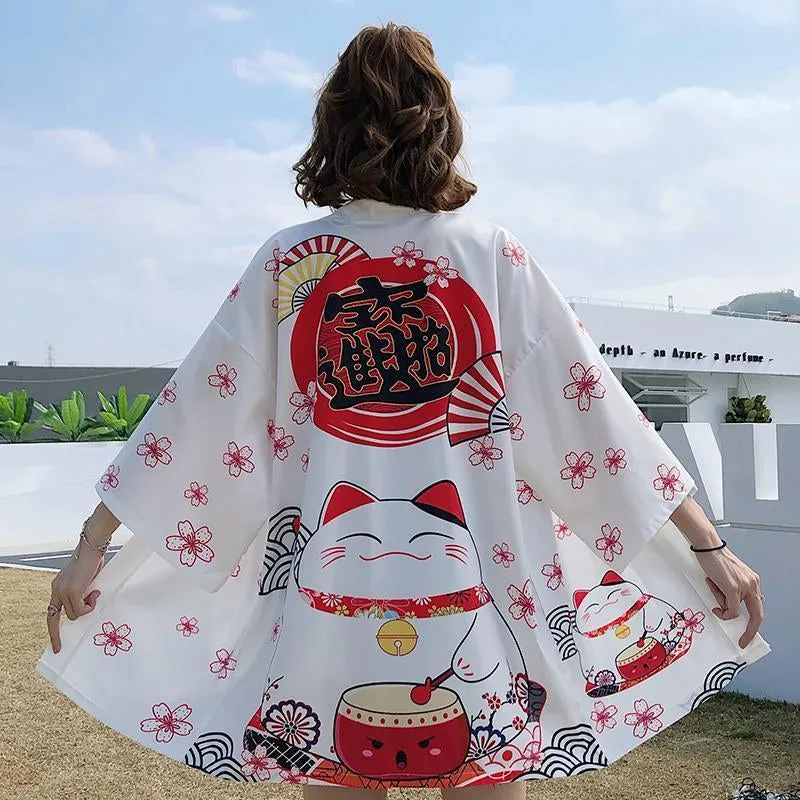 BLACK WHITE SAKURA FORTUNE CAT CARDIGAN UB2639