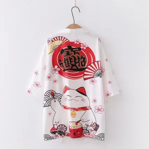 BLACK WHITE SAKURA FORTUNE CAT CARDIGAN UB2639