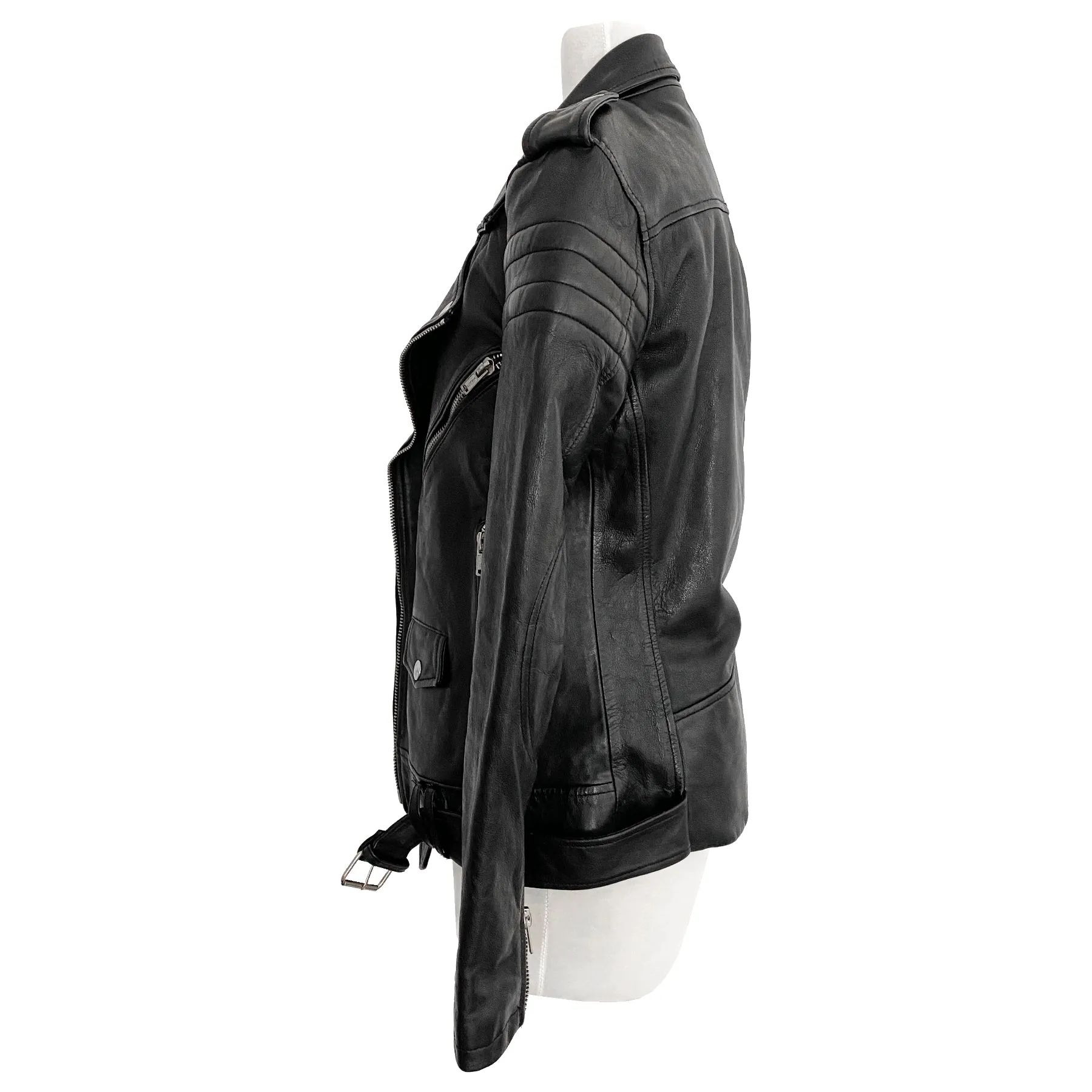 BLK DNM Motorcycle Black Belted Leather Jacket Size S