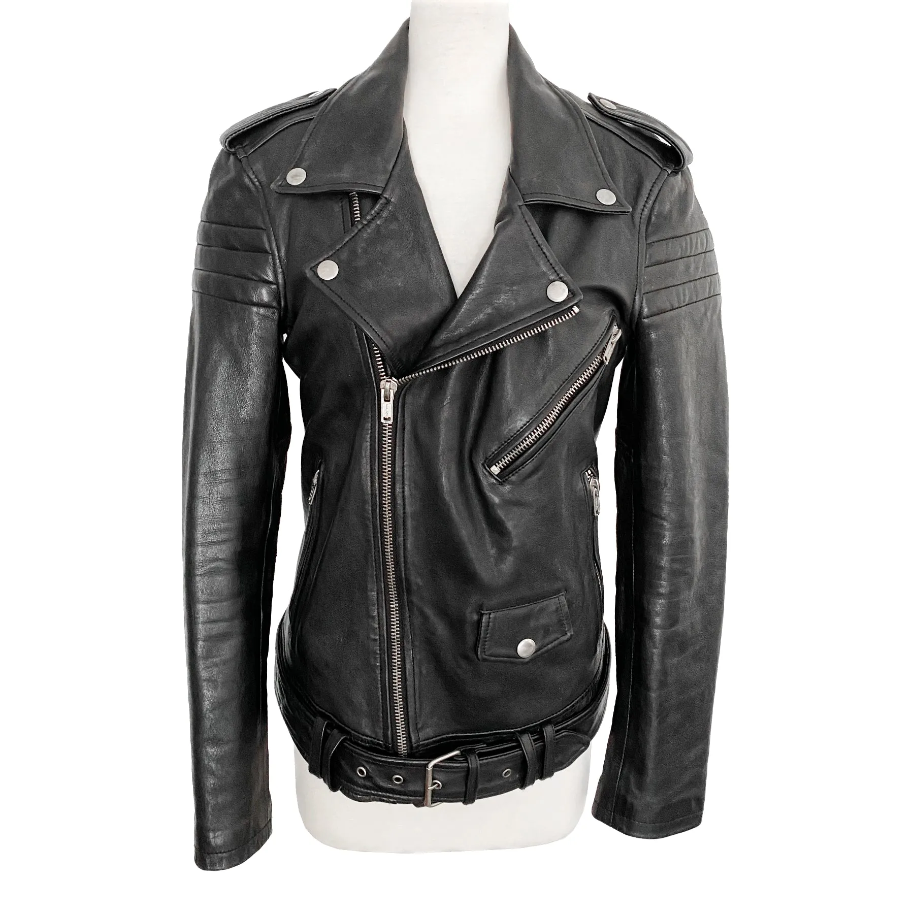 BLK DNM Motorcycle Black Belted Leather Jacket Size S