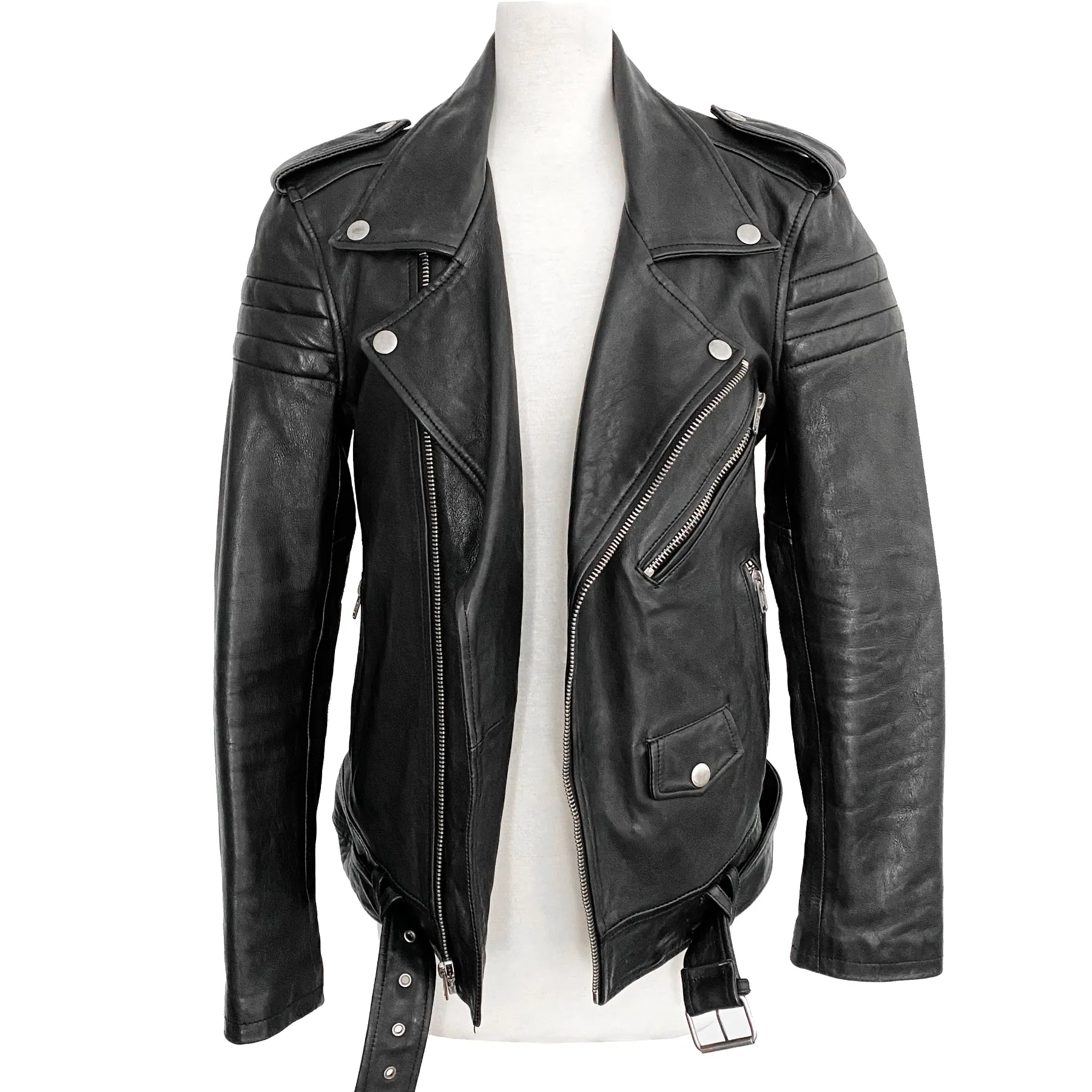 BLK DNM Motorcycle Black Belted Leather Jacket Size S
