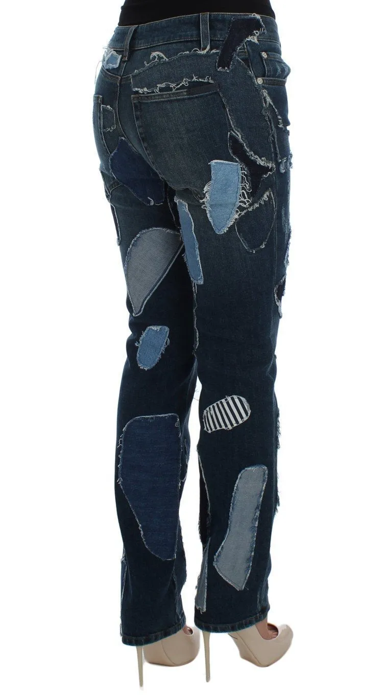 Blue Cotton Stretch Patchwork Denim Jeans