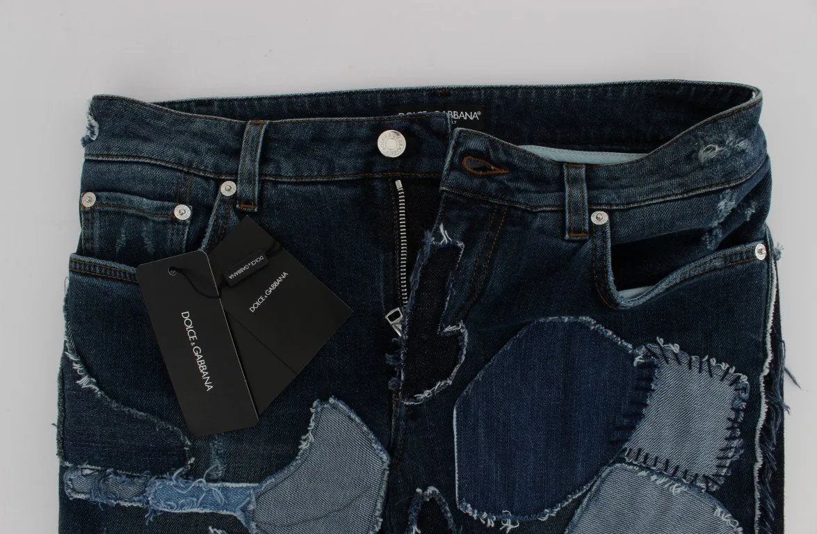 Blue Cotton Stretch Patchwork Denim Jeans