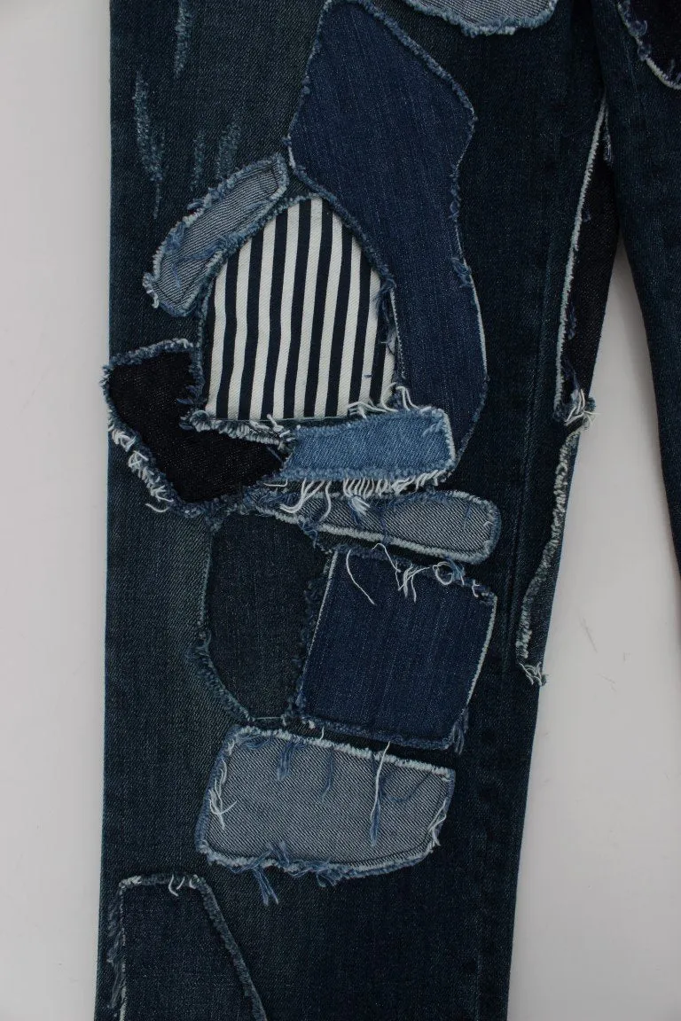 Blue Cotton Stretch Patchwork Denim Jeans