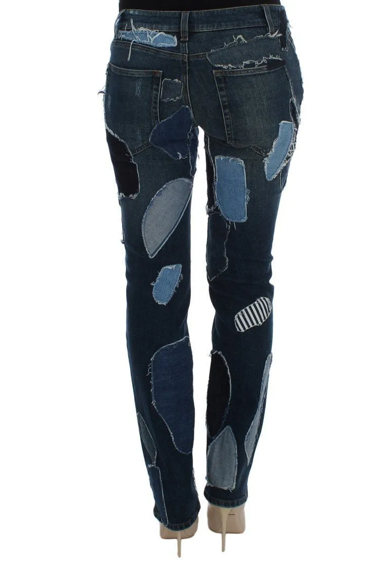 Blue Cotton Stretch Patchwork Denim Jeans