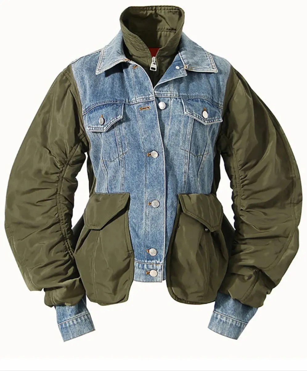 Blue Green Patchwork Denim Jacket - Loose Fit Short Coat with Turn-Down Collar