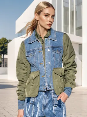 Blue Green Patchwork Denim Jacket - Loose Fit Short Coat with Turn-Down Collar