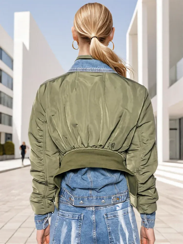 Blue Green Patchwork Denim Jacket - Loose Fit Short Coat with Turn-Down Collar