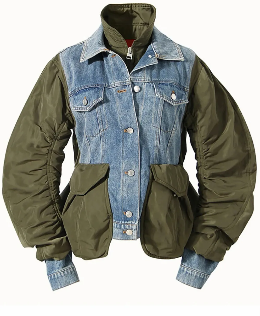 Blue Green Patchwork Denim Jacket - Loose Fit Short Coat with Turn-Down Collar