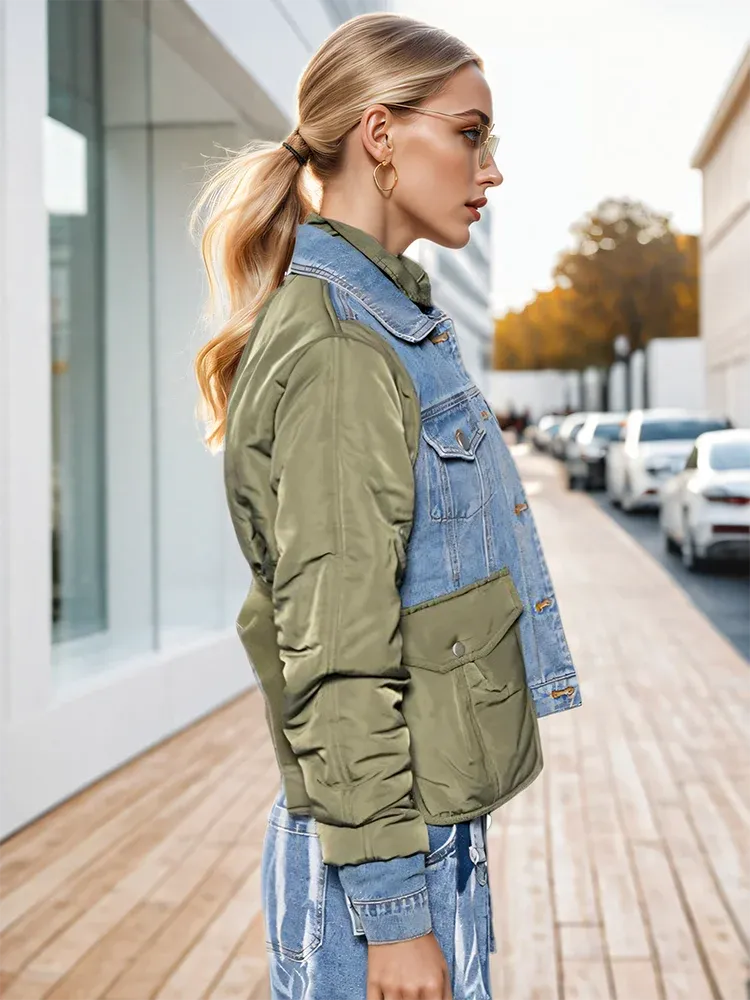 Blue Green Patchwork Denim Jacket - Loose Fit Short Coat with Turn-Down Collar