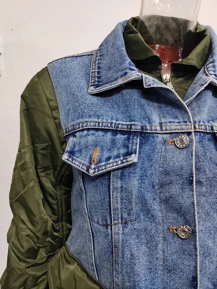 Blue Green Patchwork Denim Jacket - Loose Fit Short Coat with Turn-Down Collar
