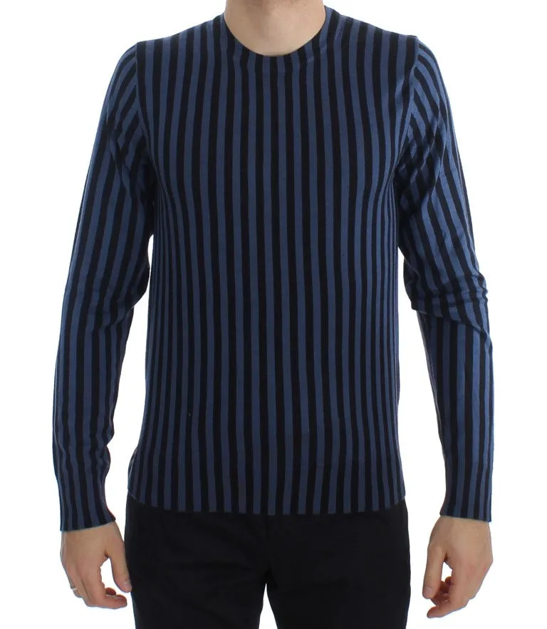 Blue Striped Cashmere Silk Pullover Sweater