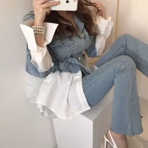 Caren Casual Button Wrap Tie Front Denim Jacket