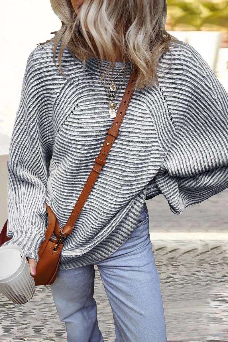 Casual Daily Stripe Texture Contrast O Neck Sweaters(6 Colors)