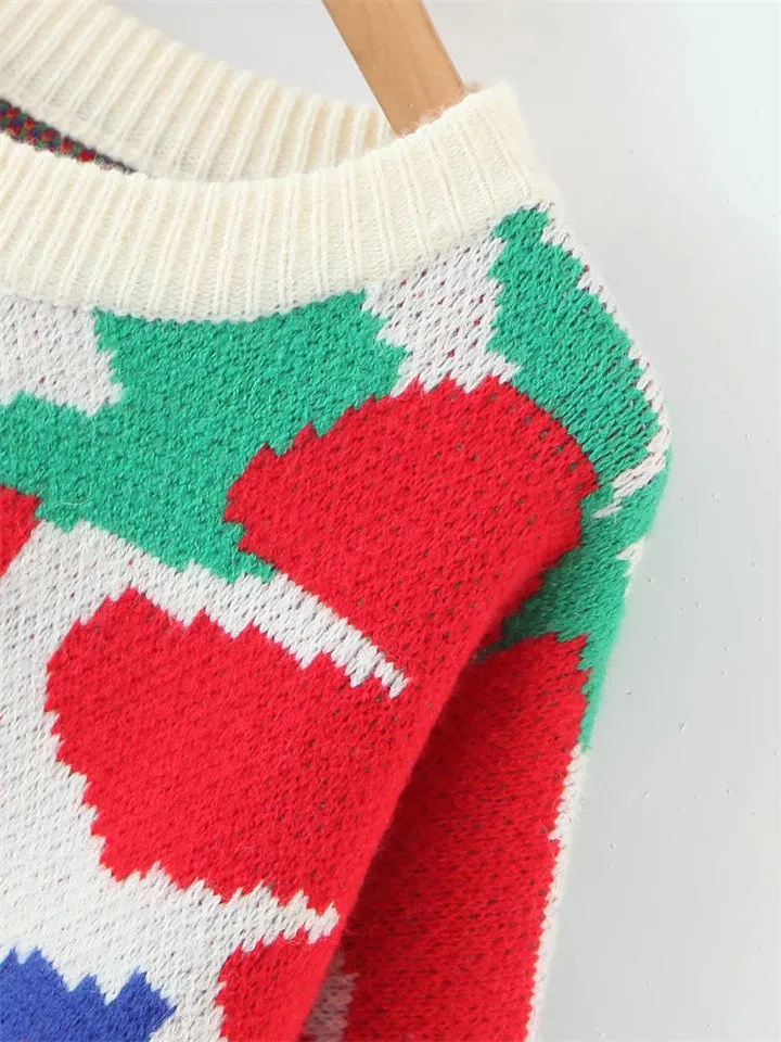 Casual Round Neck Floral Pullover Sweater