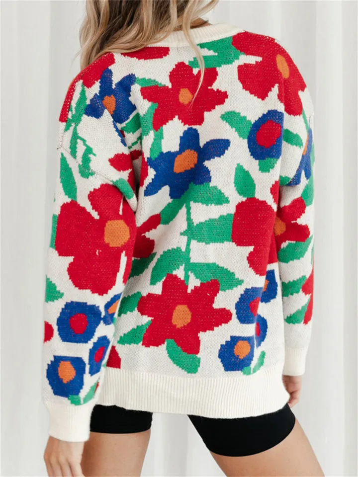 Casual Round Neck Floral Pullover Sweater
