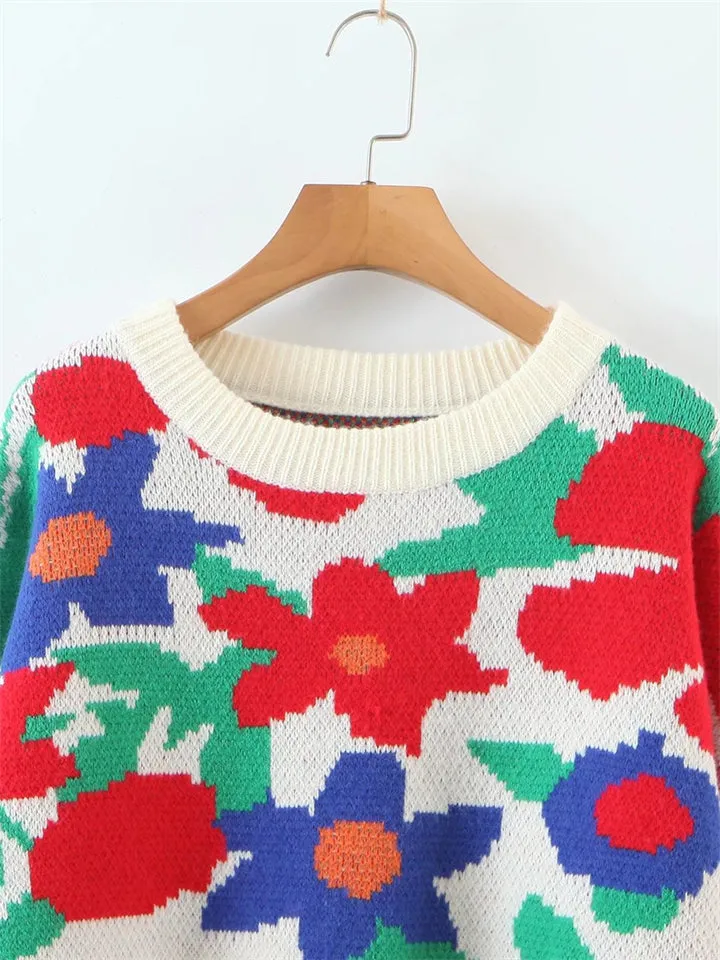 Casual Round Neck Floral Pullover Sweater