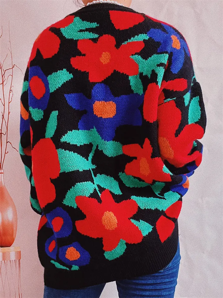 Casual Round Neck Floral Pullover Sweater