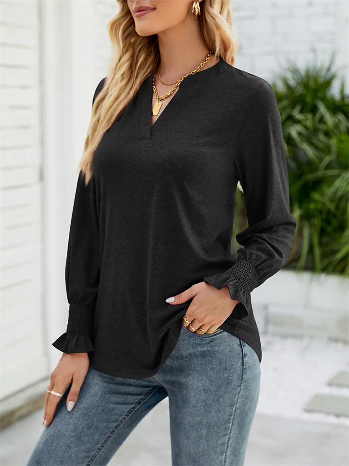 Casual Solid V Neck Lotus Leaf Sleeve Long T-shirts For Women