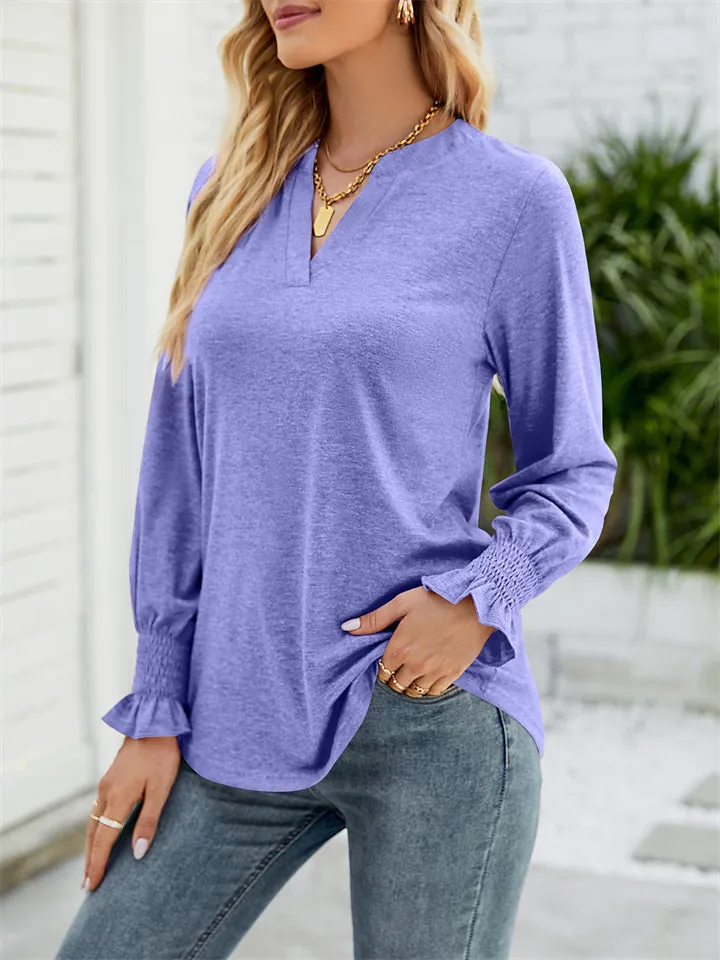 Casual Solid V Neck Lotus Leaf Sleeve Long T-shirts For Women